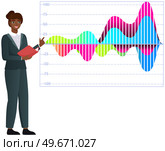 Woman studies statistics on presentation. Female character while working or studying with report. Girl working and analyzing financial statistics. Female marketer examines information about metrics. Woman studies statistics on presentation. Female character while working or studying with report. Стоковая иллюстрация, агентство Ingram Publishing / Фотобанк Лори