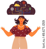Woman in process of thinking with mental mindset types or creative models to solve problem. Person with thoughts in shape of cloud. Developing creative thinking to deal with problems, find solutions. Woman developing creative thinking with mental mindset types to deal with problems, find solutions. Стоковая иллюстрация, агентство Ingram Publishing / Фотобанк Лори