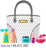 Cream, perfume, cosmetics and pomade. Contents of woman s handbag. Vanity table. Concept of beauty bloggers, fashion and glamour. Elegant ladies leather bag, female accessories for makeup and care. Cream, perfume, cosmetics and pomade. Contents of woman s handbag, accessories for makeup and care. Стоковая иллюстрация, агентство Ingram Publishing / Фотобанк Лори