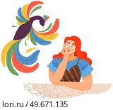 Woman in process of thinking about art. Mental mindset types or creative models to create. Mind behavior, creativity, imagination development concept. Girl imagines masterpiece of art, abstract bird. Woman in process of thinking about art, abstract bird. Creativity, imagination development concept. Стоковая иллюстрация, агентство Ingram Publishing / Фотобанк Лори