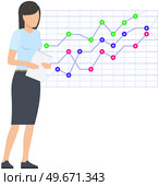 Woman studies statistics on presentation. Female character while working or studying with report. Girl working and analyzing financial statistics. Female marketer examines information about metrics. Woman studies statistics on presentation. Female character while working or studying with report. Стоковая иллюстрация, агентство Ingram Publishing / Фотобанк Лори