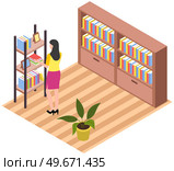 Student taking book at library vector icon bookcase. Female person study at school, college or university reading room. Girl at bookstore standing near bookshelf with stacks of books isolated on white. Student taking book at library icon bookcase. Woman at bookstore standing near bookshelf with books. Стоковая иллюстрация, агентство Ingram Publishing / Фотобанк Лори