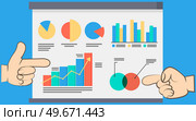 Analytical data of accounting for growth and fall. Hands pointing to business diagram graph chart. Presentation board with digital indicators in different forms. Statistics change graphs and pie chart. Analytical data of accounting for growth and fall. Hands pointing to business diagram graph chart. Стоковая иллюстрация, агентство Ingram Publishing / Фотобанк Лори