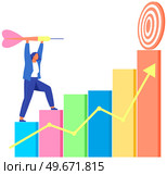 Business mission company development strategy, goals achievement. Development of professional skills to achieve target. Aim mission challenge task solution. Man with an arrow climbs up steps. Business mission development goals achievement. Development of professional skills to achieve target. Стоковая иллюстрация, агентство Ingram Publishing / Фотобанк Лори