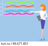 Woman studies statistics on presentation. Female character while working or studying with report. Girl working and analyzing financial statistics. Female marketer examines information about metrics. Woman studies statistics on presentation. Female character while working or studying with report. Стоковая иллюстрация, агентство Ingram Publishing / Фотобанк Лори