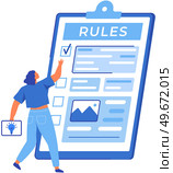 Checklist complete business concept. Woman near giant clipboard, task done and check mark ticks. Businesswoman checks document with rules. Form with survey, paper sheet with results of review. Woman near giant clipboard, task done and check mark ticks. Businesswoman checks document with rules. Стоковая иллюстрация, агентство Ingram Publishing / Фотобанк Лори
