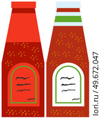 Sauce with tomatoes boiled with spices, ketchup. Plastic container, bottle with sauce closed with lid. Ingredient used for flavoring, coloring or preserving food. Spicy and mild liquid, ketchup. Sauce with tomatoes boiled with spices, ketchup. Plastic container, bottle with tomato liquid. Стоковая иллюстрация, агентство Ingram Publishing / Фотобанк Лори
