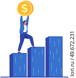 Businesswoman with coin in hands standing on bar chart. Goals and objectives, business grow and plan concept. Woman planning business strategy for success, leadership. Lady goes to top, goal. Businesswoman with coin in hands standing on bar chart. Lady goes to top, goal, business success. Стоковая иллюстрация, агентство Ingram Publishing / Фотобанк Лори