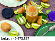 Jam or marmalade made from kiwi in a glass jar. Homemade kiwi jam, preserve. Стоковое фото, агентство Ingram Publishing / Фотобанк Лори
