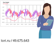 Analytics and development statistics. Web analysis measure, product testing technology. Woman analyses digital report. Statistical indicators and data on diagram. Graphic information visualization. Woman analyses digital report with statistics. Statistical indicators and data on diagram. Стоковая иллюстрация, агентство Ingram Publishing / Фотобанк Лори