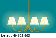 Lamp with decorative shades. Interior design element for room lighting. Hanging chandelier with gilding and bulbs. Home lighting item. Chandelier, lamp with light isolated on white background. Lamp with decorative shades, hanging chandelier. Interior design element for room lighting. Стоковая иллюстрация, агентство Ingram Publishing / Фотобанк Лори