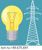 Electric LED, incandescent lamp and power line. Electrical appliance for creating light. Electricity symbols, power grid elements vector illustration. Light bulb near electrical installation. Electric LED, incandescent lamp and power line. Electrical appliance for creating light, energy. Стоковая иллюстрация, агентство Ingram Publishing / Фотобанк Лори