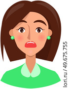 Surprised face expression of young woman. Girl with emotion of amazement. Attractive face of female character. Afraid scared lady isolated on white background. Expressing human emotion concept. Surprised face expression of young woman. Girl with emotion of amazement. Afraid scared lady. Стоковая иллюстрация, агентство Ingram Publishing / Фотобанк Лори
