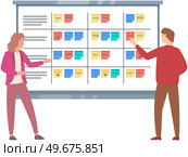 Planning schedule, business event and calendar with stickers. People with schedule organize meeting, create monthly plan. Planning strategy, time management concept. Colleagues discuss work scheduling. Planning schedule, business event and calendar with stickers. Colleagues discuss time management. Стоковая иллюстрация, агентство Ingram Publishing / Фотобанк Лори