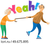 Aged people rollerskating together. Portrait view of old characters in roller-skates holding stick. Grandparents recreation, activity, pastime. Elderly couple enjoys walk, says yeah, rollerblades. Couple enjoys walk, says yeah, rollerblades. Aged people in roller skates rollerskating together. Стоковая иллюстрация, агентство Ingram Publishing / Фотобанк Лори