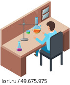 Scientist conducting research in laboratory. Chemical or medical experiment. Man works with substances in test tubes. Coupling reagents for chemical reaction. Laboratory research with flasks. Scientist conducting research in laboratory. Man works with substances in test tubes for experiment. Стоковая иллюстрация, агентство Ingram Publishing / Фотобанк Лори