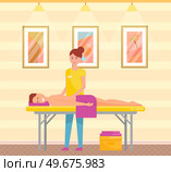 Masseuse working with back of client in spa salon. Heath and body treatment concept. Therapy and relaxation massage, cosmetic procedure performed by specialist. Medical back massage website template. Masseuse working with back of client in spa salon. Heath and body treatment, massage concept. Стоковая иллюстрация, агентство Ingram Publishing / Фотобанк Лори
