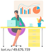 Woman looking at statistics diagram. Businesswoman analysing report with statistical indicators. Girl examines results of analysis. Personal investment, finance, funding, capital accumulation concept. Woman analysing report with statistical indicators. Lady examines results of investment analysis. Стоковая иллюстрация, агентство Ingram Publishing / Фотобанк Лори