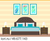 Design of modern house or hotel room. Home with comfortable furniture, bed, bedside tables and paintings. Empty area for recreation, cozy hotel room interior. Bedroom for sleep and relaxation. Empty area for recreation, cozy hotel or house room interior. Bedroom for sleep and relaxation. Стоковая иллюстрация, агентство Ingram Publishing / Фотобанк Лори