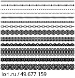 Set of wide lace ribbons with print. Black design elements isolated on white background. Seamless pattern for creating style of card with ornaments. Lace decoration template, ribbons for design. Seamless pattern for creating cards style. Lace decoration template, ribbon with ornament for design. Стоковая иллюстрация, агентство Ingram Publishing / Фотобанк Лори