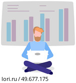 Man standing next to flipchart with diagram. Presentation board with statistical data. Business report showroom with poster and lecturer. Businessman demonstrates results of statistical research. Man standing near flipchart with diagram. Businessman conducts presentation of statistical research. Стоковая иллюстрация, агентство Ingram Publishing / Фотобанк Лори