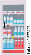 Showcase refrigerator for cool drinks in bottles. Fridge dispenser cooling machine with lemonades and water in plastic and glass containers. Cooling equipment for supermarket, grocery store. Cooling equipment for supermarket, grocery store. Showcase refrigerator for cool drinks in bottles. Стоковая иллюстрация, агентство Ingram Publishing / Фотобанк Лори