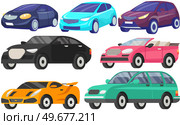 Set of automobiles of different shapes and colors. Sports car, convertible, suv, hatchback icons. Vehicle, means of transportation in city and nature. Types of passenger cars vector illustration. Set of automobiles of different shapes and colors. Sports car, convertible, suv, hatchback icons. Стоковая иллюстрация, агентство Ingram Publishing / Фотобанк Лори