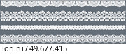 Set of wide lace ribbons with print. Black design elements isolated on white background. Seamless pattern for creating style of card with ornaments. Lace decoration template, ribbons for design. Seamless pattern for creating cards style. Lace decoration template, ribbon with ornament for design. Стоковая иллюстрация, агентство Ingram Publishing / Фотобанк Лори