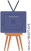 Analogue retro TV with antenna, channel and signal selector. Television box for news and show translation. Old TV set on wooden legs vector illustration. Vintage device for watching broadcasts. Analogue retro TV set with antenna, channel and signal selector. Television box for translations. Стоковая иллюстрация, агентство Ingram Publishing / Фотобанк Лори