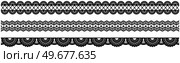 Set of wide lace ribbons with print. Black design elements isolated on white background. Seamless pattern for creating style of card with ornaments. Lace decoration template, ribbons for design. Seamless pattern for creating cards style. Lace decoration template, ribbon with ornament for design. Стоковая иллюстрация, агентство Ingram Publishing / Фотобанк Лори