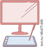 Digital tablet and computer monitor. Device for drawing and broadcasting to screen. Stylus for entering data on graphic tablet. Items for data entry and display isolated on white background. Digital tablet and computer monitor. Device with stylus for drawing and broadcasting to screen. Стоковая иллюстрация, агентство Ingram Publishing / Фотобанк Лори