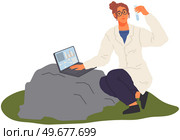 Woman exploring nature, analyzing water. Researcher takes samples of biomaterial for experiment. Environmental and ecology research. Scientist conducts ecological analysis. Explorer works with laptop. Woman with laptop exploring nature. Researcher takes samples of biomaterial for ecology research. Стоковая иллюстрация, агентство Ingram Publishing / Фотобанк Лори