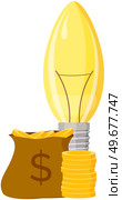 Business project start up and development process. Innovation product, creative idea for capital increase. Idea planning for success and wealth. Light bulb next to money bag with gold coins. Light bulb next to money bag with gold coins. Innovation product, creative idea for capital increase. Стоковая иллюстрация, агентство Ingram Publishing / Фотобанк Лори