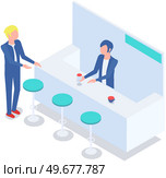 Man buys drinks at bar. Bartender prepares cocktails for visitors. Chairs near bar with alcoholic beverages. Sale of snacks and alcohol. Modern furniture and interior elements for cafe or nightclub. Man buys drinks at bar. Bartender prepares cocktails. Modern interior for cafe or nightclub. Стоковая иллюстрация, агентство Ingram Publishing / Фотобанк Лори