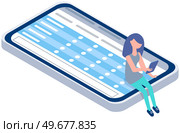 Young woman uses smartphone. Girl is holding gadget. Pastime in social networks. Internet addiction. Woman working remotely freelancing, working on tablet pc, communicating through social networks. Young woman uses smartphone. Girl is holding gadget. Pastime in social networks. Internet addiction. Стоковая иллюстрация, агентство Ingram Publishing / Фотобанк Лори