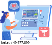 Woman working with health check technology. Medical procedure, heart disease checkup, cardiovascular system examination, hypertension prevention device. Lady cardiologist conducts cardiogram. Lady cardiologist conducts cardiogram. Woman working with cardiovascular system check technology. Стоковая иллюстрация, агентство Ingram Publishing / Фотобанк Лори
