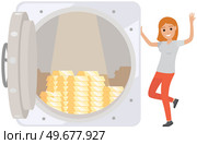 Opened silver metallic bank vault with gold bars inside. Income and high earnings in gold bars. Happy woman dances and rejoices in wealth and success. Lady saving money in form of metal and ingots. Happy woman dances and rejoices in wealth and success. Lady saving money, gold bars in bank vault. Стоковая иллюстрация, агентство Ingram Publishing / Фотобанк Лори
