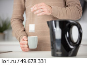 woman soaking tea bag in grey cup. Стоковое фото, агентство Ingram Publishing / Фотобанк Лори