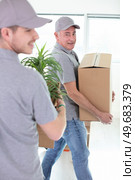 two cheerful removals men carrying belongings. Стоковое фото, агентство Ingram Publishing / Фотобанк Лори