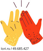 Two hands giving high five for great work. Red and yellow interracial arms clap each other. People team give hand slapping gesture isolated on white background. High five as symbol of friendship. Two hands give high five, clap each other for great work. Gesture as symbol of friendship. Стоковая иллюстрация, агентство Ingram Publishing / Фотобанк Лори