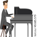 Pianist character in concert costume playing musical composition on grand piano for symphonic orchestra or opera performance on stage. Talented artist member of musical group plays keyboard instrument. Pianist character musician in concert costume playing musical composition on grand piano on stage. Стоковая иллюстрация, агентство Ingram Publishing / Фотобанк Лори