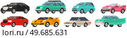 Big automobile set, car sedan. Urban transport. Colorful passenger cars, wheeled vehicle side view. Machines collection with sedan minivan coupe cabriolet crossover cars isolated, automobiles models. Big automobile set, car sedan. Urban transport. Colorful passenger cars, wheeled vehicle side view. Стоковая иллюстрация, агентство Ingram Publishing / Фотобанк Лори