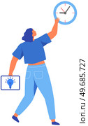 Woman trying to delay time, deadline. Lady holding tablet with light bulb icon as symbol of new idea. Planning, punctuality, time management. Female character looking at clock vector illustration. Woman trying to delay time, deadline. Lady holding tablet with light bulb icon looks at clock. Стоковая иллюстрация, агентство Ingram Publishing / Фотобанк Лори