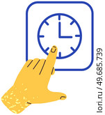 Hand points to clock with arrows, time symbol vector illustration. Time management, dealing with deadline concept. Clock for countdown, digital app icon. Determination of minutes and hours sign. Hand points to clock with arrows, minute and hour symbol. Time management, dealing with deadline. Стоковая иллюстрация, агентство Ingram Publishing / Фотобанк Лори