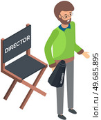 Man screenwriter holding megaphone. Filming process, movie making, film shooting concept. Cinema or theatre work. Male character near director chair controls shooting. Preparing for filming scene. Man screenwriter holding megaphone. Director controls filming process, movie making, film shooting. Стоковая иллюстрация, агентство Ingram Publishing / Фотобанк Лори
