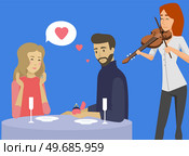 Couple relationship, romantic date. Man proposes to girlfriend in restaurant. Guy confesses his love to girl in cafe. People listen to live music violinist performance. Musician performing with violin. Man makes marriage proposal to girl in restaurant. Couple on date listens to live violinist music. Стоковая иллюстрация, агентство Ingram Publishing / Фотобанк Лори