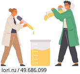 Scientists make laboratory analysis with reagents and catalysts. Idea of education, chemistry, science. Biologists conducting experiment chemical research with liquid in flask vector illustration. Biologists conducting experiment research with liquid in flask. Scientists make laboratory analysis. Стоковая иллюстрация, агентство Ingram Publishing / Фотобанк Лори