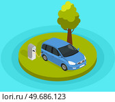Modern electric smart car charging, automobile parking at charger station with plug in cable. Electrified future transportation e-motion. Environmentally friendly transport using renewable energy. Modern electric smart car charging, automobile parking at charger station for eco transport. Стоковая иллюстрация, агентство Ingram Publishing / Фотобанк Лори