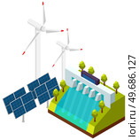 Green energy, technology of future. Wind turbines power plant, solar panels station, hydroelectric power station modern energy-saving construction. Alternative renewable sustainable power generation. Green energy, technology of future, electricity. Alternative renewable sustainable power generation. Стоковая иллюстрация, агентство Ingram Publishing / Фотобанк Лори