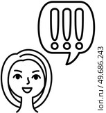 Emotional girl and chat bubble with exclamation mark. Person near word sign on talk shape. Sticker, colloquial speech bubble above head of female character. Woman pays attention while talking. Woman pays attention while talking. Emotional girl and speech chat bubble with exclamation mark. Стоковая иллюстрация, агентство Ingram Publishing / Фотобанк Лори
